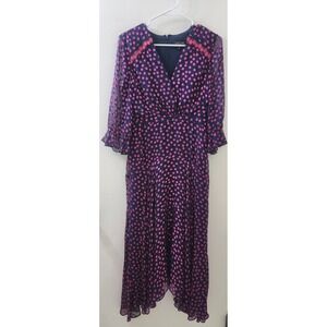 Saloni Lea Silk Blend Polka Dot Midi Dress Navy Pink Lace Trim Handkerchief Hem